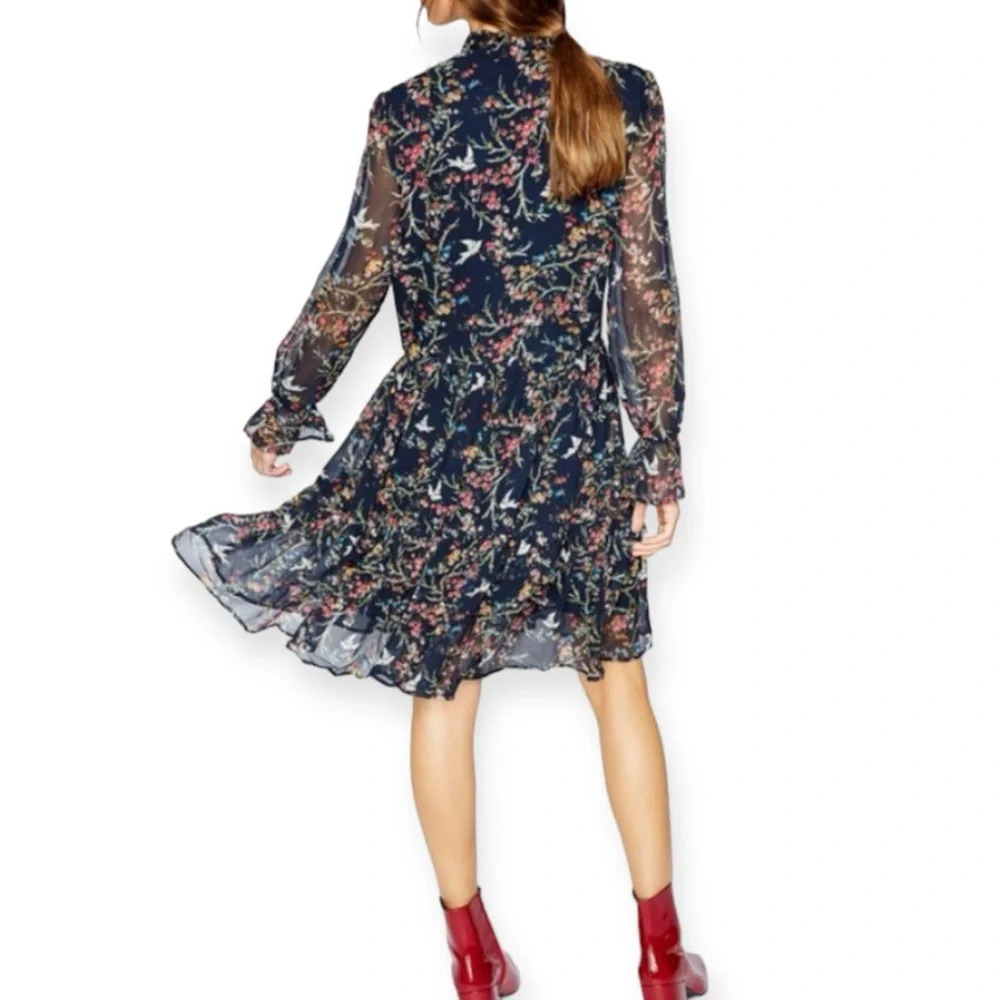 The Kooples Navy Blue Bird Print Silk Chiffon Dress Size Medium Ruffle Mini - Picture 3 of 16